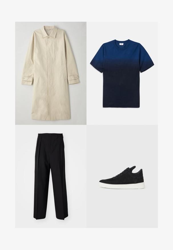 Beež, põlve pikkune mantel, mis on valmistatud puuvilla segakangast. Omab lõppenud kaelust, esist nupuga kinnitust ja küljetaskuid klappidega detailidega.; Tumesinine puuvillane T-särk ümmarguse kaeluse, lühikeste varrukate ja peene gradientmustriga, mis üleminekut kergematest tumedamatesse toonidesse.; Mustad volditud püksid sirge ja laia säärega disainiga. Valmistatud siledast kangast, millel on nuppudega sulgemine ja vööaasad.; Must mustel kingad valge kummist tallaga, millel on toon-toonis õmblused ja paeltega disain. Sile tekstuur ja moodne, voolujooneline kuju.