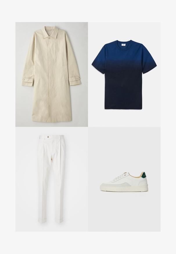 Beige, knee-length coat made of cotton-blend fabric. Features a notched collar, front button closure, and side pockets with flap detail.; Navy blue cotton t-shirt with a round neck, short sleeves, and a subtle gradient design transitioning from lighter to darker shades.; White, tailored trousers with a flat front, two pleats, and rolled cuffs. Made of a smooth fabric with a button closure at the waist.; White sneaker with suede accents, rounded toe, flat laces, and a cream rubber sole. Features green branding on the heel.