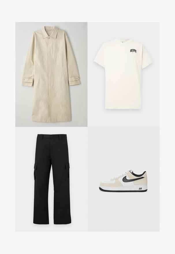 Abrigo beige de longitud hasta la rodilla, hecho de una mezcla de algodón. Presenta un cuello con muesca, cierre frontal con botones y bolsillos laterales con detalle de solapa.; Camiseta de algodón color crema con mangas cortas, que presenta "NIKE SB" en texto negro y rojo en el pecho. Cuello redondo estándar.; Pantalones cargo negros con un diseño de pierna recta. Fabricados con un tejido duradero, cuentan con dos bolsillos laterales con cierres de solapa y una cremallera de botón.; Zapatillas con parte superior de ante beige claro y cuero blanco, swoosh negro de Nike, acentos negros y una suela de goma blanca con la marca "AIR".