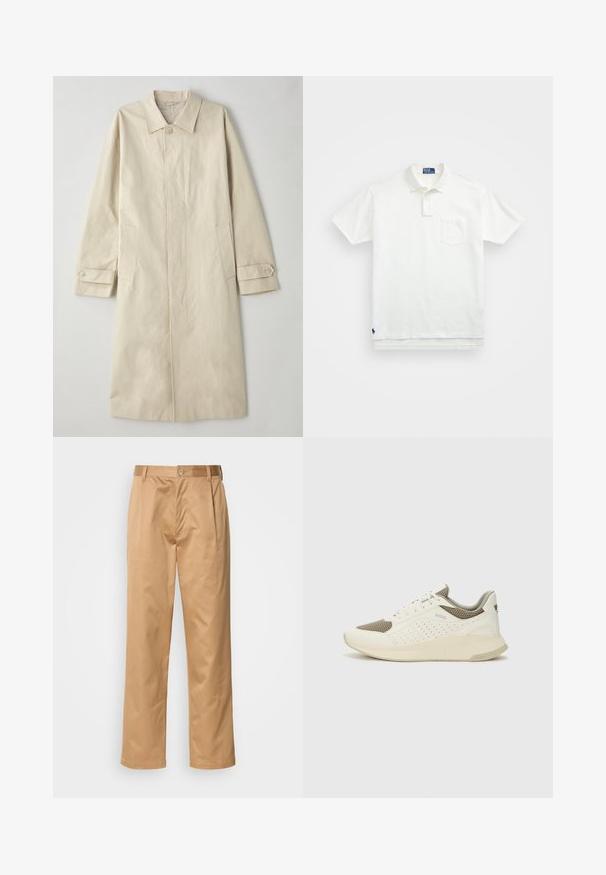 Manteau beige mi-long en tissu mélangé en coton. Il dispose d'un col à revers, d'une fermeture à bouton à l'avant et de poches latérales avec un détail à rabat.; Polo shirt blanc en coton, avec un col classique, une patte de boutonnage à trois boutons et une poche sur la poitrine à gauche ; petit logo en bas.; Pantalons khaki, en mélange de coton, coupe droite, plis avant, passants de ceinture et fermeture à bouton. Texture lisse sans motifs.; Basket de sport blanche et beige clair, avec une tige en maille, des détails perforés et une semelle intermédiaire texturée avec un logo sur le talon.