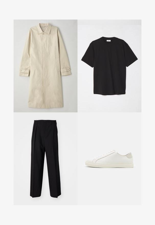 Beež, põlve pikkune mantel, mis on valmistatud puuvilla segakangast. Omab lõppenud kaelust, esist nupuga kinnitust ja küljetaskuid klappidega detailidega.; Must must t-särk, millel on ümmargune kaelus, lühikesed varrukad ja lõdva soe. Lihtne disain, sile tekstuur ja nähtamatud mustrid või logod.; Mustad volditud püksid sirge ja laia säärega disainiga. Valmistatud siledast kangast, millel on nuppudega sulgemine ja vööaasad.; Valge nahast sneaker, millel on sile pind, ümar varvas ja minimalistlik disain. Omab beeže aktsente kontsas ja kummist tallat.