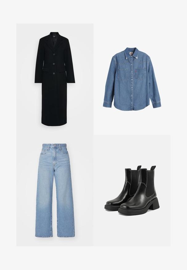 Ilga juoda moteriška striukė su atvira apykakle, trimis mygtukais priekyje ir kišenėmis ant abiejų pusių.; Šviesiai mėlynas džinsinis marškinis su ilgomis rankovėmis, smailu apykakliniu kraštu, dviem krūtinės kišenėmis ir kontrastinėmis siūlėmis. Yra vakarietiško stiliaus jungo dizainas.; Šviesiai mėlynos aukšto liemens plačios kojos džinsai su priekiniais užtrauktukais ir sagom, priekinėmis ir galinėmis kišenėmis, ant baltos fono.; Juodos odinės Chelsea botai su storiu kulnu, elastinėmis šoninėmis panelėmis ir kontrastinga balta siūle. Tekstūruota apdaila.