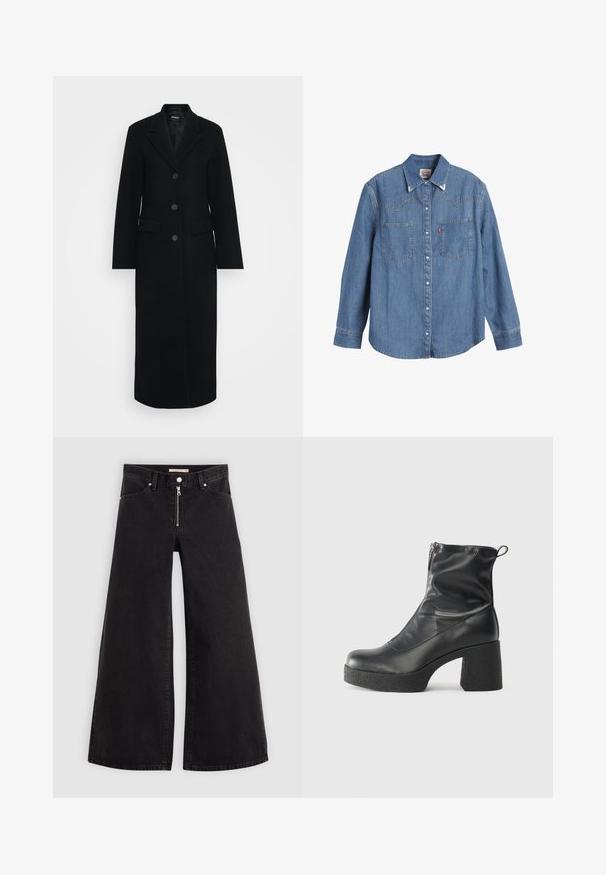 Abrigo largo negro de mujer con cuello de solapa, tres botones en la parte delantera y bolsillos con solapa a ambos lados.; Camisa de mezclilla azul clara con mangas largas, cuello puntiagudo, dos bolsillos en el pecho y costuras en contraste. Presenta un diseño de canesú de estilo occidental.; Jeans de pierna ancha en denim negro con cierre frontal, diseño de cinco bolsillos y detalles de costura sutiles. Textura suave y estilo casual.; Botines negros de tobillo, hechos de cuero suave, con cierre lateral, tacón grueso texturizado y diseño de punta redondeada.