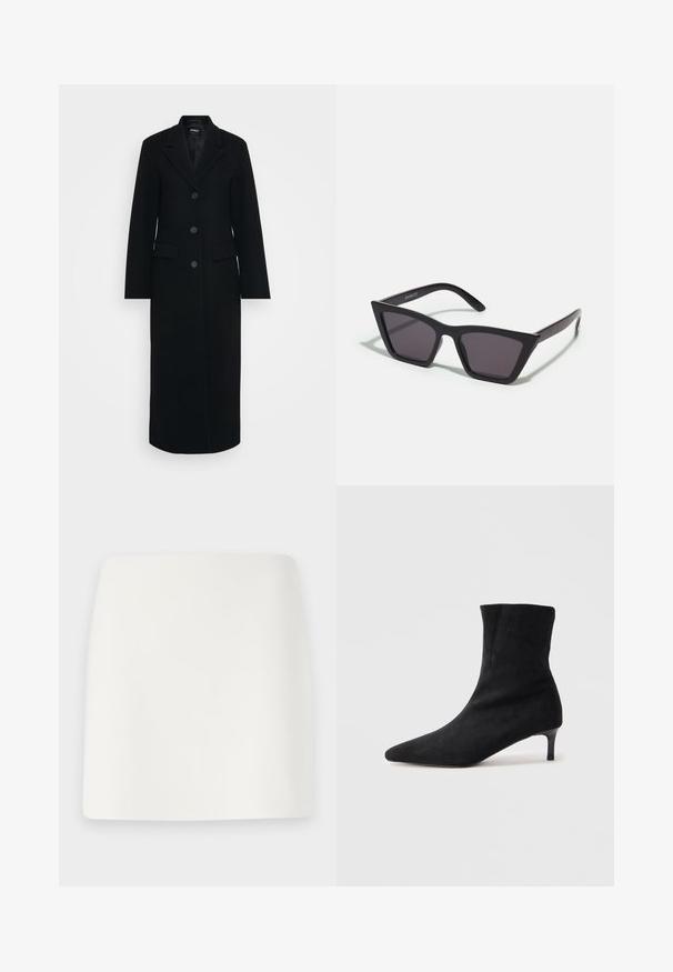 Abrigo largo negro de mujer con cuello de solapa, tres botones en la parte delantera y bolsillos con solapa a ambos lados.; Blusa de manga larga negra en una tela suave, con un escote amplio y un ajuste ligeramente holgado, sin patrones visibles ni detalles de herrajes.; Minifalda blanca ajustada con una textura suave y líneas limpias. Sin patrones ni herrajes visibles. Dobladillo recto en la parte inferior.; Botín de ante negro hasta el tobillo con punta afilada y un tacón delgado, ligeramente curvado. Textura suave y diseño minimalista.; Gafas de sol negras y angulares con lentes grises; fabricadas en plástico, con varillas gruesas de superficie suave y sin herrajes visibles.