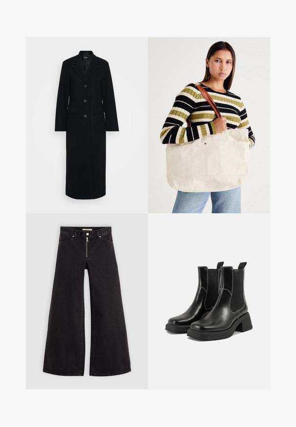 Lång svart damrock med slagkrage, tre knappar framtill och fickor med klaff på båda sidor.; Svart bomullströja med korta ärmar, med ett handgrafik och texten "Levi's LA LUNE" i vitt på vänster bröst.; Breda jeans i svart denim med dragkedja fram, femfickorsdesign och subtila sömdetaljer. Slät textur och avslappnad stil.; Svarta läder Chelsea-boots med en kraftig klack, elastiska sidpaneler och kontrasterande vit sömnad. Texturerad yta.; Stor beige canvas-jutem väskan med bruna läderremmar, med en minimal design och synliga sömnadsdetaljer.
