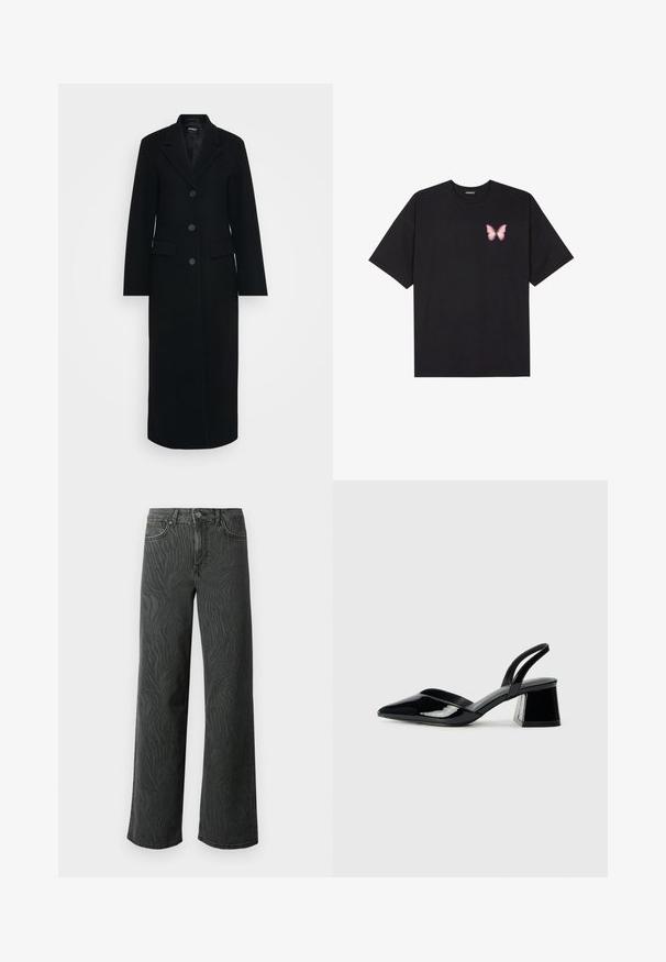 Hosszú fekete női kabát, klipszes gallérral, három gombbal elöl és zsebekkel mindkét oldalon.; Fekete pamut póló rövid ujjakkal, bal mellkason egy kis rózsaszín pillangó grafikával. Kerek nyakú kialakítás, laza fazonnal.; Sötét szürke denim széles lábú farmer, diszkrét zebra mintás textúrával, kontrasztos varrással és öt zsebes kialakítással, gombos zipzárral.; Fekete lakk bőr szandálkés magas sarkú cipő, hegyes orral és geometrikus tömbsarkakkal. Karcsú, minimalista dizájn és sima textúra jellemzi.