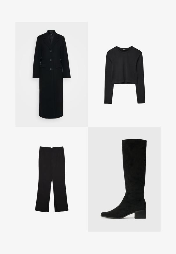 Dolga črna ženska plašč s klapasto ovratnikom, tremi gumbi spredaj in žepoma na obeh straneh.; Črna dolgi rokavi prerezana majica s krožnim izrezom, enostaven dizajn in rahlo ukrivljen rob.; Črne hlače ravnega kroja z naglavnimi žepi in stranskimi razporki na robu. Narejene iz mehke, gladke tkanine. Primerne za različne priložnosti.; Črne suède škornje do kolen s ostrim nosom in debelim pravokotnim peto, z gladko teksturo in minimalističnim dizajnom.