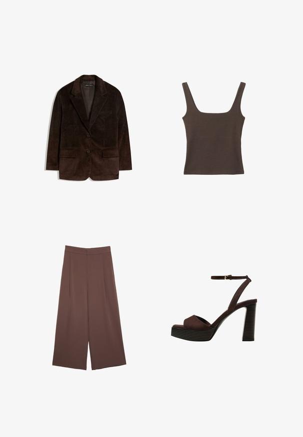 Hnědý kordový blejzr s klopami, dvěma předními kapsami a dvěma knoflíky. Texturovaná tkanina s vertikálními proužky.; Hnědý bezramínkový top se čtvercovým výstřihem vyrobený z měkké, elastické tkaniny. Má přiléhavý design a ploché švy.; Hnědé široké kalhoty s hladkou texturou, vysokým pasem a předními záhyby. Materiál je lehký a volně splývá.; Hnědé semišové sandály na vysokém podpatku s otevřenou špičkou, nastavitelným páskem kolem kotníku a proužkovou platformou.