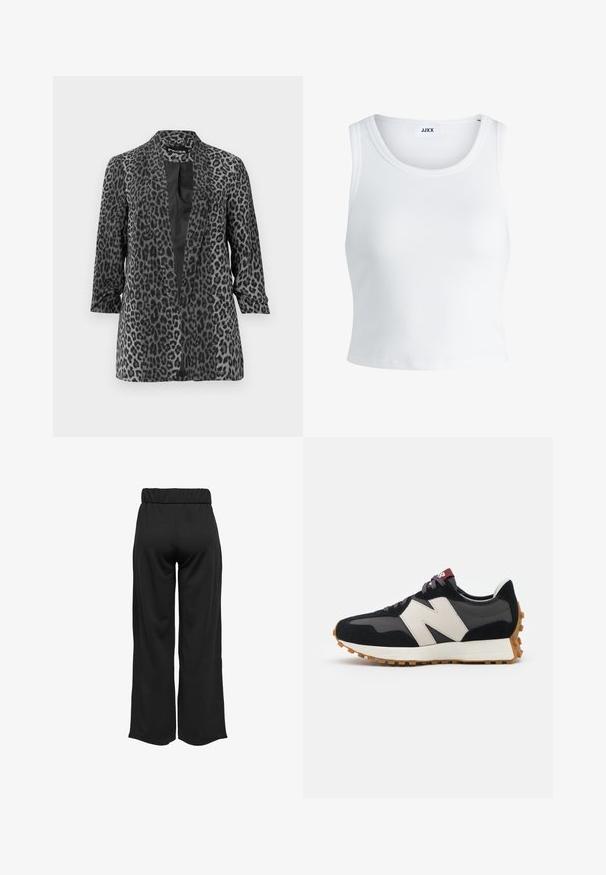 Svart och grå leopardmönstrad kavaj med lång ärm, öppen front och mjukt tyg. Har en sjalkrage och avslappnad passform.; Vit ribbade linne med rund halsringning, ärmlös design och kort längd. Märket säger "JJXX." Slät tygkvalitet.; Svarta, vida byxor med elastisk midja, tillverkade av en mjuk tyg. Har en ren design utan fickor eller synliga sömdetaljer.; Svart och grå mocka sneaker med en stor krämfärgad "N"-logotyp, lila snören och en texturerad gummisula.