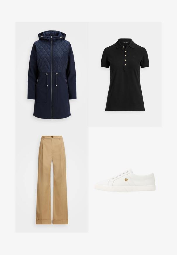 Ναυτικό μπλε καπιτονέ μπουφάν με φερμουάρ, καπάκι, κορδόνια, και δύο μπροστινές τσέπες. Διαθέτει μια ομαλή κάτω τμήμα από ύφασμα.; Μαύρο πόλο μπλουζάκι από υφασμάτινη υφή, με γιακά, κοντά μανίκια και πατιλέτα με χρυσά κουμπιά. Διακριτική λεπτομέρεια λογότυπου στο στήθος.; Μπεζ παντελόνια με ευρεία κοπή και κλείσιμο με κουμπί, χαρακτηρισμένα από απαλή υφή και πιεσμένες πτυχές. Μανσετών στους αστραγάλους για επιπλέον λεπτομέρεια.; Lauren Ralph Lauren JANSON II CANVAS SNEAKER - Αθλητικά παπούτσια - optic white