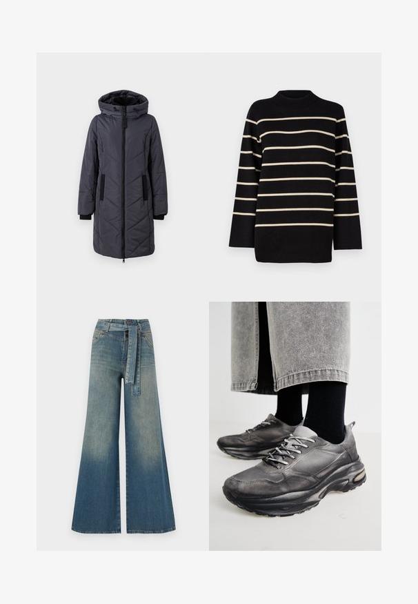 Daunenjacke in Dunkelgrau mit Kapuze, Reißverschluss vorne, diagonalen Nähten und schwarzen Akzenttaschen. Glatte Textur und isoliertes Design.; Schwarz gestreifter Pullover mit hohem Kragen, der horizontale cremefarbene Streifen und lockere, lange Ärmel hat. Hergestellt aus weichem Strickmaterial.; Weit geschnittene Denim-Hosen mit einem Farbverlauf von hellblau zu dunkelblau, hoher Taille, Gürtelschlaufen und einem passenden Stoffgürtel. Strukturierte Denim-Oberfläche.; Schwarze und graue Sportschuhe verfügen über ein Obermaterial aus Mesh, dicke Sohlen und Schnürsenkel. Sie haben eine abgerundete Zehenpartie und sichtbare Dämpfungsdetails.