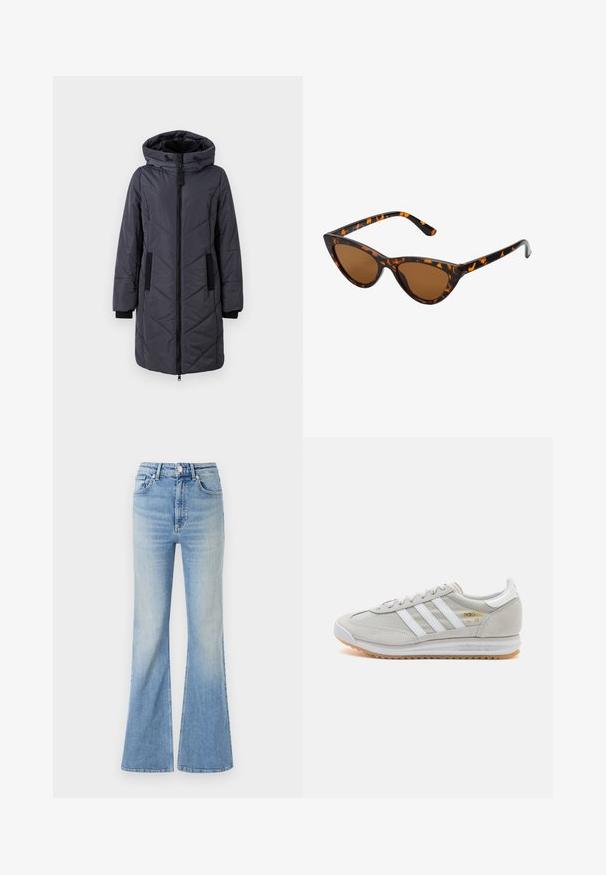 Sötét szürke pufikabát, kapucnival, cipzáras elülső résszel, átlós varrásokkal és fekete díszítő zsebekkel. Sima tapintás és hőszigetelt kialakítás.; ONLY ONLMELITA O NECK - Pulóver - winter moss; Világoskék, bő szabású farmernadrág, magas derekú, öt zsebes dizájnnal, amelynek alja fokozatos elhalványulással rendelkezik.; Világosszürke sportcipő velúr és hálós anyagból, három fehér csíkkal, kerek orral és gumi talppal. Arany logó dísz a fűzők közelében.; Cica szemüveg fekete és narancssárga teknőc pánttal, barna lencsékkel és sima, hegyes végekkel. A templomán egy minimalista logó található.