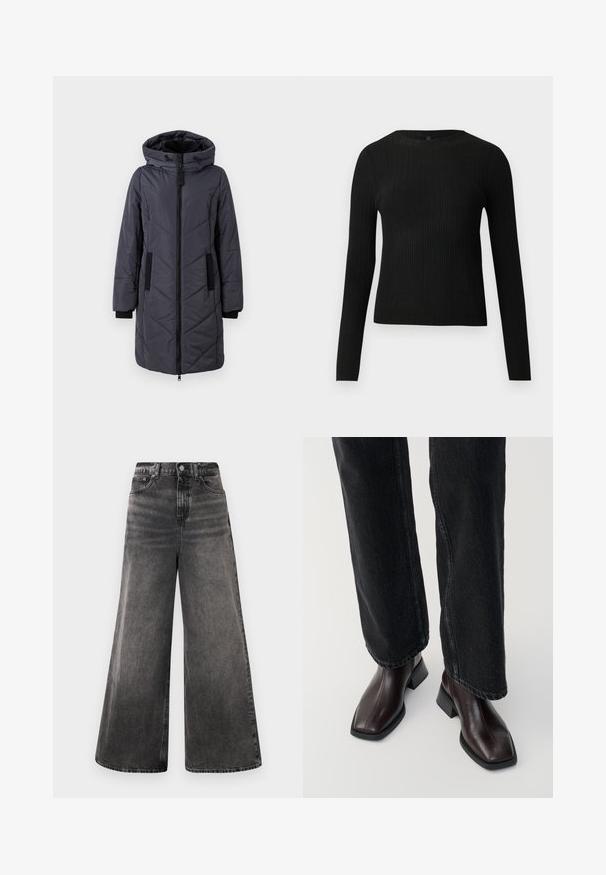 Daunenjacke in Dunkelgrau mit Kapuze, Reißverschluss vorne, diagonalen Nähten und schwarzen Akzenttaschen. Glatte Textur und isoliertes Design.; Schwarzer, gerippter, langärmliger, taillierter Pullover mit Rundhalskragen, vor einem schlichten, hellen Hintergrund präsentiert.; Schwarze Jeans im weit geschnittenen Stil aus Denim mit einer ausgebleichten Waschung, Fünf-Taschen-Design und einem Knopfverschluss am Bund, ausgestattet mit gestickten Akzenten.; Braune Lederstiefeletten mit quadratischer Spitze und Blockabsatz, kombiniert mit schwarzen weit geschnittenen Jeans. Glatte Textur und minimalistisches Design.