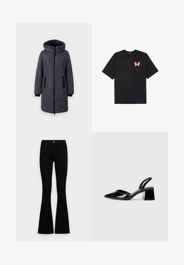 Sötét szürke pufikabát, kapucnival, cipzáras elülső résszel, átlós varrásokkal és fekete díszítő zsebekkel. Sima tapintás és hőszigetelt kialakítás.; Fekete pamut póló rövid ujjakkal, bal mellkason egy kis rózsaszín pillangó grafikával. Kerek nyakú kialakítás, laza fazonnal.; Fekete, magas derekú farmernadrág gomb- és cipzárzárral, elülső zsebekkel és harangszárral, laposan egy fehér háttérre terítve.; Fekete lakk bőr szandálkés magas sarkú cipő, hegyes orral és geometrikus tömbsarkakkal. Karcsú, minimalista dizájn és sima textúra jellemzi.