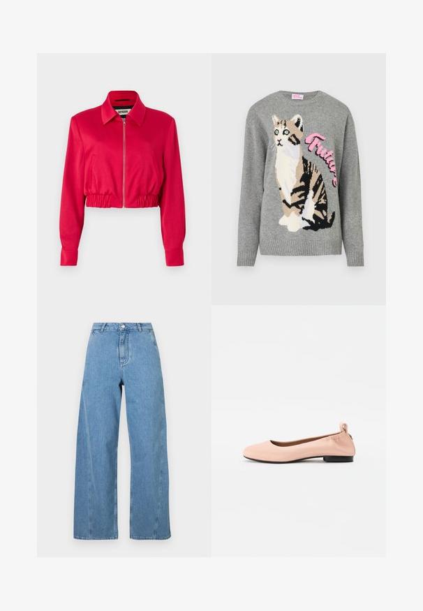 Krátka bunda v jasne ružovej látke, vybavená golierom, predným zipsom, elastickým pásom a dlhými rukávmi s manžetami.; Šedý pletený sveter s potlačou mačky v čiernej a béžovej farbe, s nápisom "Future" v ružovej farbe na prednej strane.; Svetlobléde široké džíny vyrobené z denimu, s vysokým pásom, rovný strih a kontrastným šitím pozdĺž švov.; Svetloružové balerínky vyrobené z hladkého materiálu s okrúhlou špičkou, flexibilným záznamom a malým čiernym podpätkom.