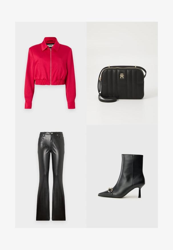 Cropped jacket in bright pink fabric, featuring a collar, front zipper, elastic waistband, and long sleeves with cuffs.; White cotton t-shirt with short sleeves, round neckline, and a blue rectangular logo patch reading "HUGO" on the front center.; Black leather flared pants featuring a smooth texture, five pockets, front button closure, and a fitted silhouette through the thighs.; Black leather ankle boot with pointed toe, slim mid-height heel, and silver buckle detail on side against plain background.; Black quilted crossbody bag made of synthetic material with gold-tone hardware, featuring a zip closure and logo detail on the front.