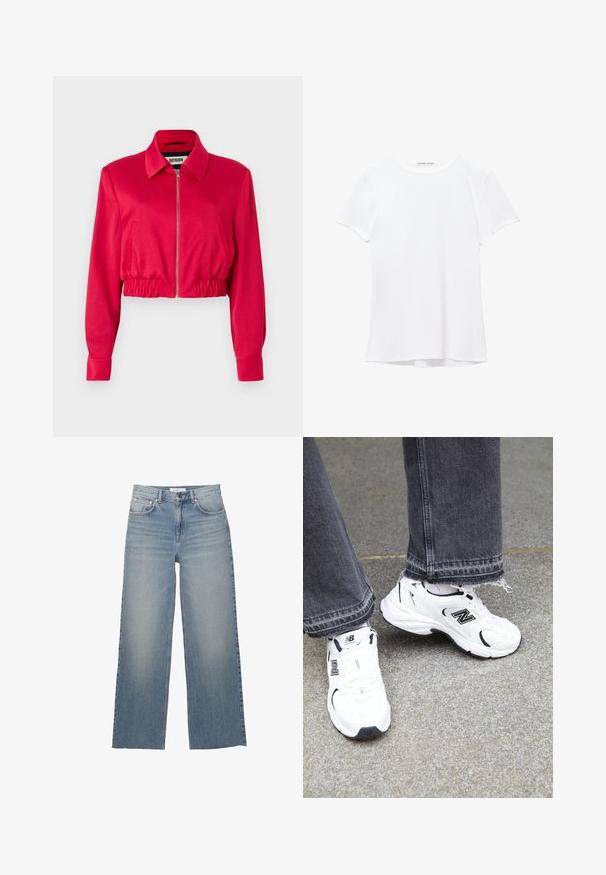 Beskaaret jakke i lys pink stof, med krave, frontlynlås, elastisk talje og lange ærmer med manchetter.; Hvid kortærmet t-shirt lavet af glat stof, med rund halsudskæring og diskrete syninger ved kanten.; Lyseblå brede jeans lavet af denim, med høj talje, frontlommer og knaplukning. Glat tekstur med slidte områder.; Hvide New Balance sneakers har en overdel i mesh og syntetisk materiale med sorte detaljer. Båret sammen med grå jeans med frynset kant på en struktureret overflade.