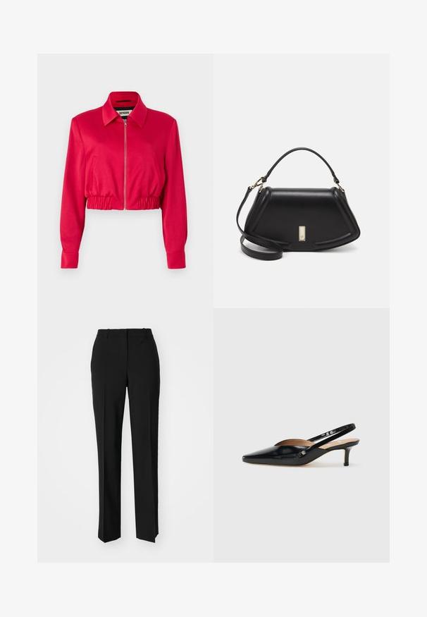 Iecirsta jaka spilgti rozā audumā, ar apkakli, priekšējo rāvējslēdzēju, elastīgu jostu un garām piedurknēm ar aprocēm.; Balta kokvilnas T-krekls ar apaļu apkakli, īsām piedurknēm un mazu melnu "Calvin Klein" logotipu uz krūtīm. Vienkāršs dizains, bez rakstiem.; Melnas pielāgotas bikses ar taisnu kāju dizainu, kas raksturojas ar gludu faktūru un asiem krokām pa priekšu. Nav redzamu metāla detaļu.; Melnas lakotas ādas slingback apavi ar smailu pirkstu, mazu papēdi un izgriezumu dizainu uz virsmas. Zelta krāsas aksesuārs sānos.; Melnas ādas roku soma ar struktūru, ar īsu formu, augšējo rokturi un zelta aksesuāriem. Iekļauta regulējama plecu siksna.