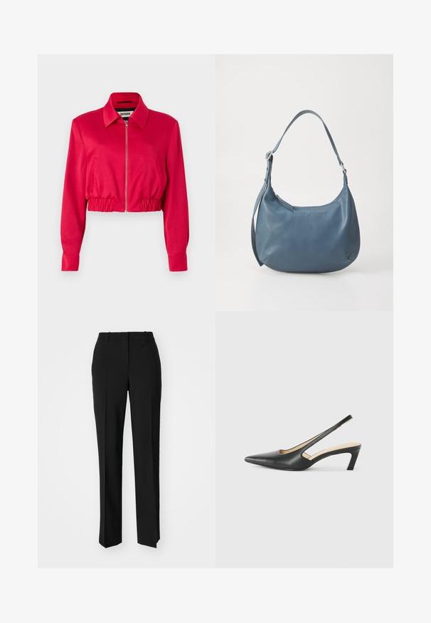 Veste courte en tissu rose vif, avec un col, une fermeture éclair frontale, une ceinture élastique et des manches longues avec poignets.; Haut beige à manches courtes avec un col arrondi, une patte de boutonnage à 5 boutons et une finition douce et texturée. Le matériau semble léger et décontracté.; Pantalon noir ajusté avec une coupe droite, présentant une texture lisse et des plis nets sur le devant. Aucune quincaillerie visible.; Slingback noir à bout pointu avec un petit talon, en cuir lisse et doté d'un design découpé sur le côté pour plus de respirabilité.; Sac à main en cuir bleu avec une forme arrondie, une seule bandoulière, fermeture zippée et nom de la marque en relief sur le devant. Texture lisse.