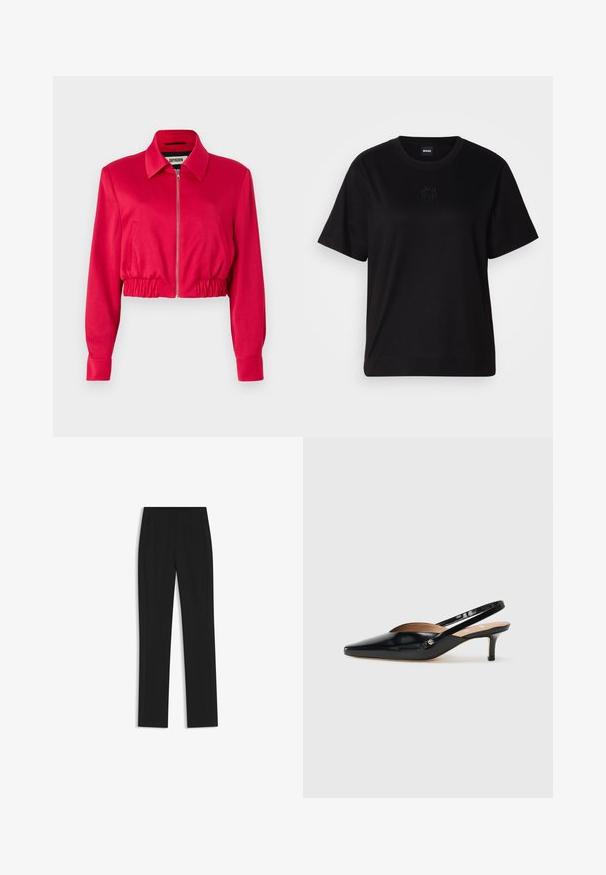 Giacca corta in tessuto rosa brillante, con colletto, zip frontale, vita elastica e maniche lunghe con polsini.; Maglietta in cotone nera con scollatura tonda, maniche corte e logo ricamato sul petto. Design semplice e vestibilità rilassata senza motivi.; Pantaloni neri su misura con un design a gamba dritta, dotati di tasche frontali e un tessuto liscio e strutturato. Dettagli ordinati e minimalisti.; Décolleté slingback in vernice nera con punta affilata, tacco basso e design con aperture sul vamp. Accento in hardware color oro sul lato.