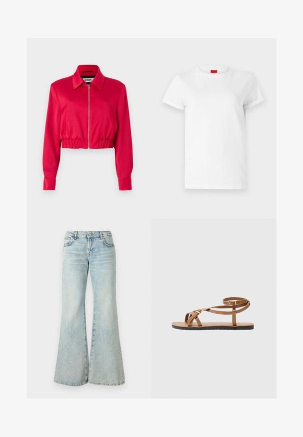 Zkrácená bunda v jasně růžové látce, která má límec, přední zip, elastický pas a dlouhé rukávy s manžetami.; Bílý tričko s krátkým rukávem vyrobené z lehké bavlny. Má kulatý výstřih a ohrnuté rukávy. Červená nášivka s logem na límci.; Světle modré zvonové džíny vyrobené z denimu, s vysokým pasem, kapsami a roztrhanými lemy. Tkanina má vybledlý omak a jemnou strukturu.; Hnědé kožené sandály s tenkým páskovým designem, které mají zlatý sponu a plochou černou podrážku se zigzagovým okrajem.