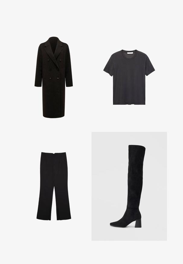 Forever New CLARE DOUBLE BREASTED - Cappotto classico - coffee; T-shirt nera a girocollo realizzata in cotone morbido. Maniche corte, vestibilità rilassata e orlo dritto senza decorazioni né motivi.; Pantaloni neri a gamba dritta, con tasche frontali e spacchi laterali all'orlo. Realizzati in tessuto morbido e liscio. Adatti a diverse occasioni.; Stivale in suede nero alto fino al ginocchio con tacco a blocco, punta affusolata e design liscio e senza cuciture su uno sfondo chiaro e semplice.
