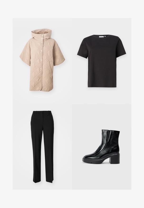 Beige quilted coat with a high collar, short sleeves, and button closures. Features diagonal stitching patterns and side pockets.; Black cotton t-shirt with short sleeves, a crew neckline, and a simple, clean design. No visible patterns or embellishments.; Black tailored trousers with a straight-leg design, featuring a smooth texture and crisp creases along the front. No visible hardware.; Black patent leather ankle boots with a curved toe, elastic side panels, and a chunky block heel. Features embossed logo on the back.