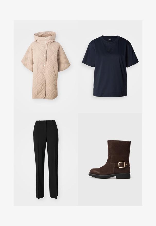 Casaco bege acolchoado com colarinho alto, mangas curtas e fecho de botão. Apresenta padrões de costura diagonal e bolsos laterais.; T-shirt de manga curta azul marinho feita de algodão macio. Apresenta um decote redondo e um logo bordado discreto no peito.; Calças pretas de corte ajustado com um design de perna reta, apresentando uma textura lisa e pregas bem definidas na frente. Sem hardware visível.; Botim de tornozelo em suede castanho com ponta arredondada, sola preta plana e detalhe de fivela dourada na lateral. Textura suave e design simples.