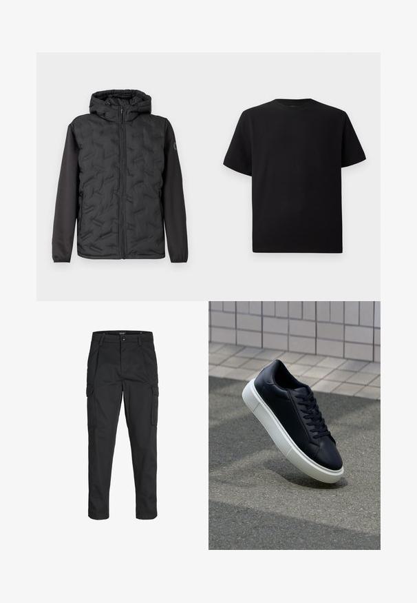 Must kapuutsiga sulejope, millel on esiküljel tikandiga muster ja varrukatel sile must kangas. Lukuga kinnitatav ja küljetaskutega.; Must have lühikeste varrukatega must T-särk, mis on valmistatud tekstuursetest materjalidest, ümmarguse kaelusega ja lõdva lõikega. Lihtne, ilma mustrite või aktsentideta.; Mustad mustapõlvik, mis on valmistatud tugeva koe kasutades, sisaldab mitmeid taskuid, nupule kinnitatav sulgemine ja kitsenev disain.; Mustast nahast tennisetoss, millel on ümar nina ja valge kummist tall. Omab siredaid paelu ja minimaalset õmblemist ülemises osas. Tekstuuriga tald, mis tagab haakuvuse.