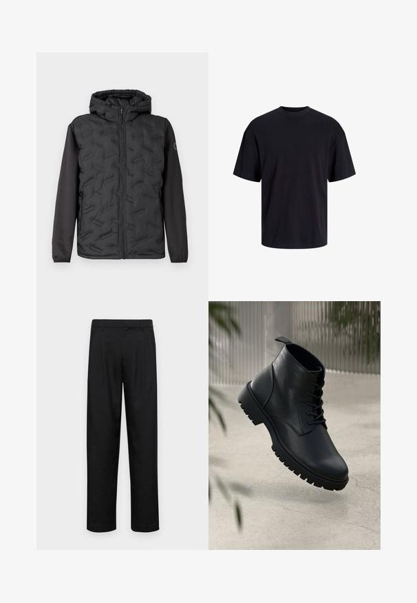 Svart boblevattert jakke med hette, med quiltet tekstur foran og glatte svarte ermer. Glidelåslukking og sidelommer.; Svart bomull t-skjorte med rund hals, korte ermer og en avslappet passform. Glatt tekstur uten synlige mønstre eller detaljer.; Sorte bukser laget av glatt stoff, med rette ben, to frontfoldninger og standard liv med beltehemper.; Sorte skinn ankleboots med rund tå, snøring og grov gummisåle. Glatt tekstur med en stropp bak.