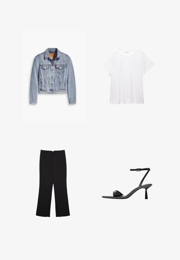 Jasnoniebieska kurtka dżinsowa z długimi rękawami, kołnierzykiem w szpic, dwiema kieszeniami na piersi i zapięciem na guziki. Posiada skrócony fason i wyblakłą teksturę.; Biała koszulka wykonana z miękkiej, lekkiej tkaniny. Posiada okrągły dekolt oraz krótkie, szerokie rękawy, zapewniające luźny krój. Brak widocznych wzorów.; Czarne spodnie o prostym kroju, z przednimi kieszeniami i bocznymi rozcięciami na dole. Wykonane z miękkiego, gładkiego materiału. Odpowiednie na różne okazje.; Bershka - Sandały na obcasie