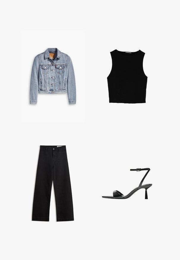 Svetlomodrá denim bunda s dlhými rukávmi, špicatým golierom, dvoma náprsnými vreckami a gombíkovým zapínaním. Má skrátený strih a vyblednutú textúru.; Čierny bezrukávový crop top vyrobený z hladkej tkaniny, so zaobleným výstrihom a čistým, jednoduchým dizajnom bez vzorov alebo kovania.; Čierne denimové nohavice s širokými nohavicami a vysokým pásom, so prednými a zadnými vreckami, šitými švami a zapínaním na gombík. Hladká textúra.; Bershka Sandále na vysokom opätku - black