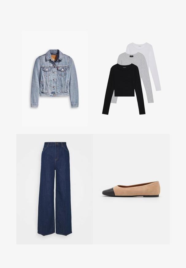 Svijetloplava traper jakna s dugim rukavima, s ovratnikom u obliku točke, s dva džepa na prsima i dugmadi sprijeda. Ima skraćeni dizajn i izblijedjeli izgled.; Tri dugih rukava posložena: crna, siva i bijela. Svaka ima okrugli izrez i skrateni kroj s glatkom, laganom tkaninom.; Tamno plave traperice s visokim strukom i širokim nogavicama, s prednjim i stražnjim džepovima, zatvaračem na gumb i vidljivim detaljima šivanja.; Bež balerinke od suede materijala s crnim kožnim zaobljenim vrhom, niskom potpeticom i glatkom površinom, s minimalnim šavovima i čistim dizajnom.