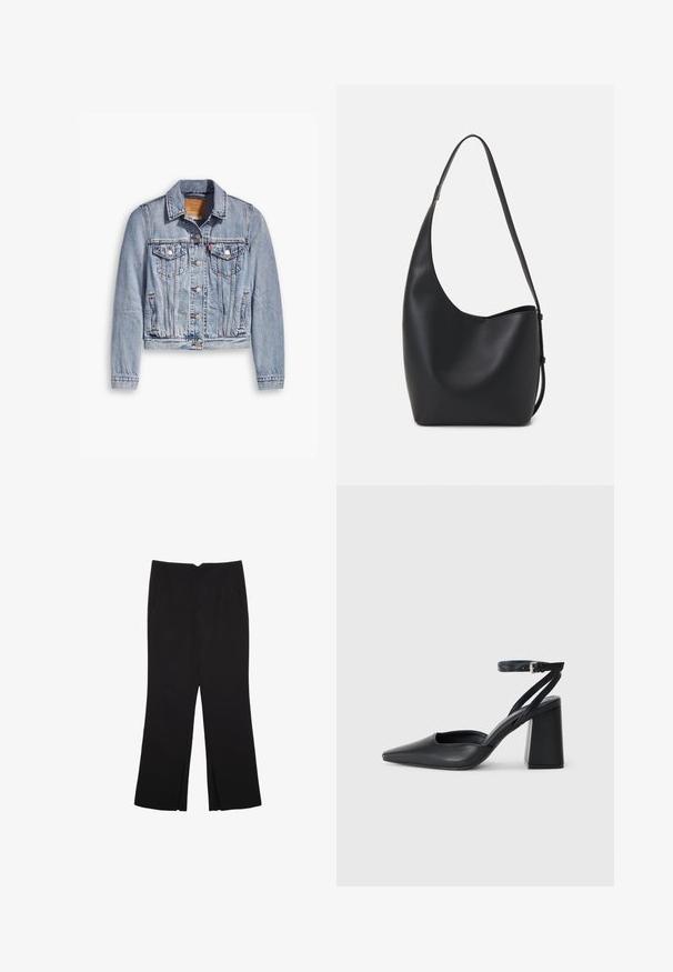 Ljusblå denimjacka med långa ärmar, spetskrage, två bröstfickor och knäppning fram. Har en kort design och blekt textur.; Svart långärmad croppad topp med rund halsringning, enkel design och en något rundad nederkant.; Svarta byxor med rak passform, utrustade med framfickor och sidoklyvningar vid fållen. Tillverkade av mjukt, slätt tyg. Lämpliga för olika tillfällen.; Svart läderpumps med spetsig tå, ankelrem och kraftig klack. Slät textur, stilren design och minimalistisk estetik.; Svart läder hobo-väska med en slät textur, kurvig form och en justerbar axelrem; har en bred öppning upptill.