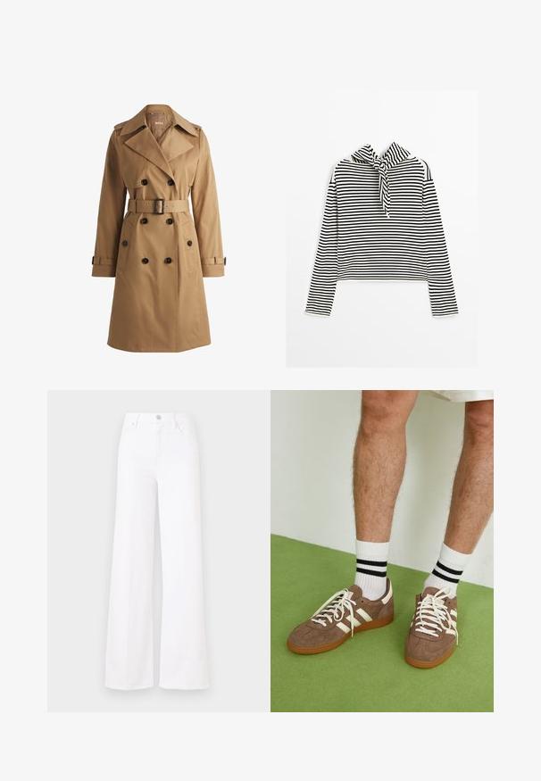 Tan trench coat with double-breasted buttons, wide collar, belted waist, and shoulder epaulettes. Smooth fabric with front pockets.; Massimo Dutti STRIPED WITH REMOVABLE BANDANA - Jumper - beige; White wide-leg jeans made of denim, featuring a high waist, front button closure, and four pockets. Smooth texture with no visible patterns.; Brown suede sneakers with white accents and laces. Rubber gum sole. Worn with white socks featuring black stripes. Green textured flooring.