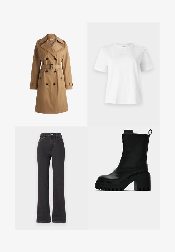Palton lung bej cu butoni dubli, guler larg, talie cu curea și epauleți la umeri. Material neted cu buzunare frontale.; Tricou alb din bumbac cu mâneci scurte, decolteu rotund și un logo Calvin Klein embosat discret pe față. Textură netedă, croială clasică.; Jeans negre cu talie înaltă, evazate, din denim, cu închidere prin buton, bucle pentru curea și buzunare laterale. Textură netedă, cu decolorare minimă.; Botine negre din piele cu talpă groasă, toc pătrat, fermoar lateral și manșetă la spate, pe un fundal alb simplu.