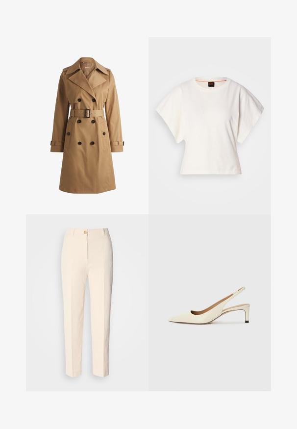 Krems krāsas trančka ar dubultajiem pogām, plašu apkakli, jostota vidukļa daļa un plecu epauleti. Gluda auduma ar priekšējām kabatām.; Balts īsais T-krekls, plašas īsas piedurknes, mīksts kokvilnas materiāls, apaļa kakla izgriezums ar delikātu oranžu apdari, minimāls dizains, bez rakstiem vai grafikām.; Krēma krāsas augstākā jostas līmeņa bikses, izgatavotas no teksturēta auduma. Tām ir aizdare priekšā ar pogu un sašaurināti kājām.; Asimtais pirksta siksnas kurpes off-white ādas, ar zemu papēdi un izgrieztu dizainu, gluda tekstūra un minimāli akcenti.