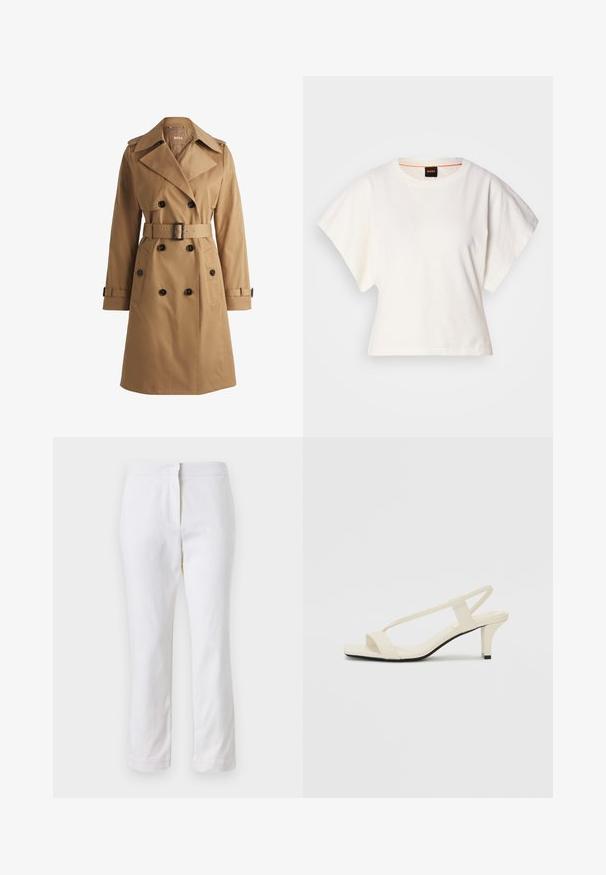Tan trench coat with double-breasted buttons, wide collar, belted waist, and shoulder epaulettes. Smooth fabric with front pockets.; White cropped T-shirt, short wide sleeves, soft cotton material, round neckline with subtle orange trim, minimal design, no patterns or graphics.; White cotton pants with a straight leg design, featuring a mid-rise waist and no visible hardware or patterns. Smooth texture throughout.; Beige block-heeled sandals with thin straps and a square toe. Smooth material with minimal detailing, designed for easy wear.