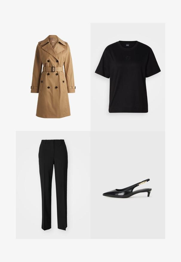 Trench coat bege com botões duplos, gola larga, cintura com cinto e epaulettes nos ombros. Tecido suave com bolsos frontais.; T-shirt de algodão preto com decote redondo, mangas curtas e um logótipo bordado no peito. Corte simples e descontraído, sem padrões.; Calças pretas de corte ajustado com um design de perna reta, apresentando uma textura lisa e pregas bem definidas na frente. Sem hardware visível.; Saltos slingback em couro preto com bico fino, apresentando um salto esguio e um detalhe em tom dourado na alça ajustável. Textura suave.