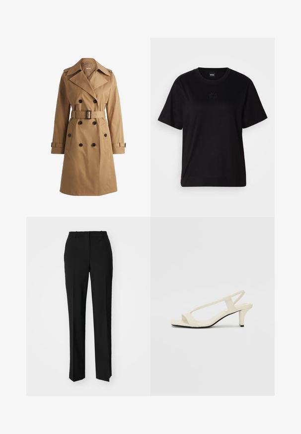 Vaatevaaleanruskea trench-coat, jossa on kaksiriviset napit, leveä kaulus, vyötärölle sidottava vyö ja olkatyynyt. Sileä kangas, jossa on etutaskut.; Musta puuvillapaita, jossa on pyöreä kaula-aukko, lyhyet hihat ja brodeerattu logo rinnassa. Yksinkertainen, rento istuvuus ilman kuvioita.; Mustat räätälöidyt housut suoraa lahjetta, joissa on sileä pinta ja terävät taitteet edessä. Ei näkyvää metalliosaa.; Beige sandaalit, joissa on loiva korko, ohuet hihnat ja neliönmallinen varvasosa. Sileä materiaali, jossa on minimaalista yksityiskohtaa, suunniteltu helppokäyttöiseksi.