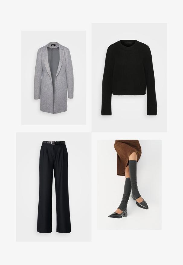 Sivina jakna stila blazer, izdelana iz tkanine z vtopljenim vzorcem, z ovratnikom in odprtim sprednjim delom. Gladka tekstura z dolgimi rokavi.; Črna pletena pulover z okroglo ovratnikom in dolgimi rokavi. Ima teksturiran vzorec in skrajšan dizajn.; Črne široke hlače iz gladkega materiala, z sprednjimi gubami in usklajevanjem črnim pasom s srebrno zaponko.; Črne lakirane čevlje s pointy prsti in blok peto ter z naramnicami za gleženj, ki jih kombiniramo s sivimi rebrastimi nogavicami in rjavim suknjičem iz usnja.