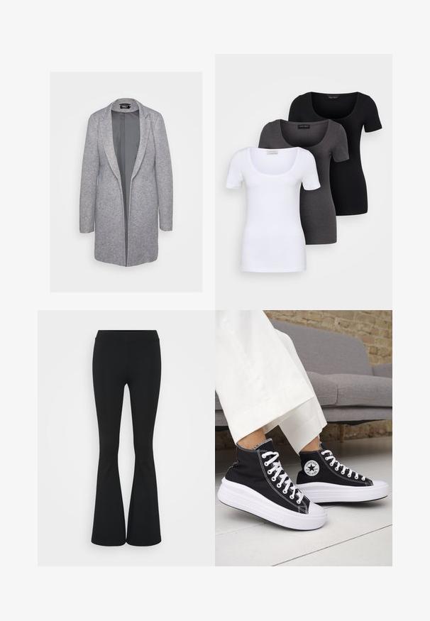 Sivina jakna stila blazer, izdelana iz tkanine z vtopljenim vzorcem, z ovratnikom in odprtim sprednjim delom. Gladka tekstura z dolgimi rokavi.; Tri prilegla majica v beli, sivi in črni barvi. Vsaka ima širok izrez na vratu in kratke rokave. Narejene so iz gladkega, raztegljivega materiala.; Črne hlače s širokimi hlačnicami, izdelane iz raztegljive tkanine, z visokim pasom in gladko teksturo. Hlače se širijo od kolena navzdol.; Črni visoki supergi z belimi gumijastimi podplati in vezalkami. Na njih je okrogel logotip in kontrastno belo šivanje. Iz blaga platna.