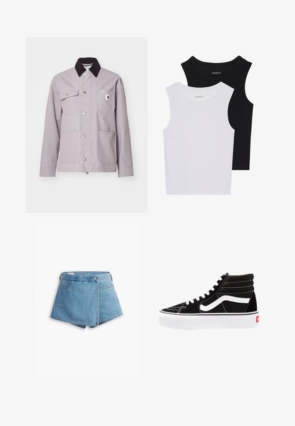 Jasnoszara kurtka z czarnym kołnierzem z kordurowego materiału, srebrnymi napami, czterema przednimi kieszeniami i naszywką z logo na lewej kieszeni. Gładka tekstura.; Dwie bezrękawniki w kolorze czarnym i białym, wykonane z prążkowanej bawełny, z okrągłymi dekoltami i dopasowanym fasonem. Widoczne etykiety na obu.; Jasnoniebieskie szorty dżinsowe z fasonem wrap, z przednimi kieszeniami i metalowym zapięciem. Gładka tekstura z obszytymi brzegami.; Czarne trampki za kostkę z białymi sznurowadłami, białym logo i kontrastującymi białymi szwami. Posiadają grubą białą podeszwę i teksturowaną zamszową cholewkę.