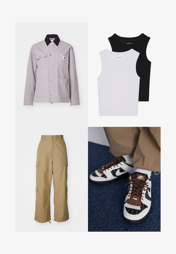 Giacca grigia chiara con colletto in corduroy nero, bottoni a pressione argentati, quattro tasche frontali e una toppa con logo sulla tasca sinistra. Texture liscia.; Due magliette senza maniche, in bianco e nero, realizzate in cotone a coste, con colli rotondi e un design aderente. Etichette visibili su entrambe.; Pantaloni cargo beige con vita alta, gamba ampia e quattro grandi tasche laterali. Realizzati in un tessuto resistente con una texture liscia e dettagli minimi.; Sneakers Nike con materiali bianchi, neri e marroni. Presentano un risvolto marrone testurizzato, un design a righe e una tradizionale chiusura con lacci accentuati da dettagli dorati.