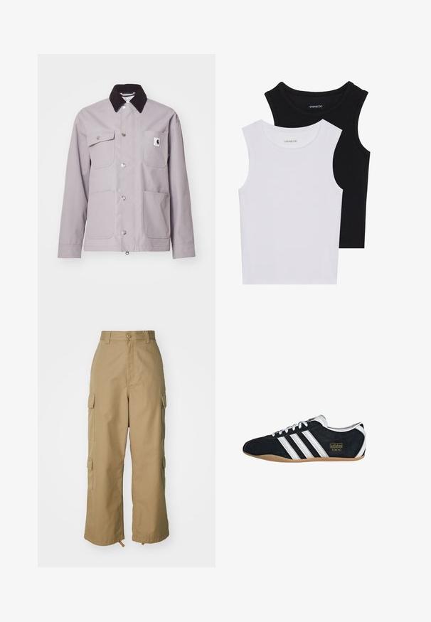 Svetlo siva jakna z ovratnikom iz črnega kord materiala, srebrnimi gumbi, štirimi sprednjimi žepki in logotipom na levem žepu. Gladka tekstura.; Dve brezrokavne majice v črni in beli barvi, izdelane iz rebrastega bombaža, z okroglimi izrezi in prilegajočim oblikovanjem. Oznake so vidne na obeh.; Bežne cargo hlače z visokim pasom, širokimi nogami in štirimi velikimi stranskimi žepi. Narejene so iz trpežnega materiala z gladko teksturo in minimalnimi detajli.; Črne semiš škornje z belimi tremi črtami, zlatim logotipom in rjavim gumijastim podplatom. Imajo nizke vezalke.