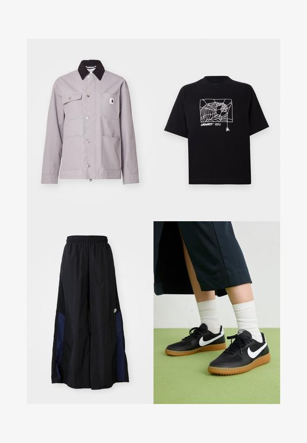 Svijetlo siva jakna s crnim kašmir ovratnikom, srebrnim dugmadima, četiri prednja džepa i oznakom na lijevom džepu. Glatka tekstura.; Crna majica kratkih rukava od pamuka. Na prednjoj strani sadrži zeleni grafički prikaz paukove mreže i logo. Jednostavna okrugla izreza.; Crne hlače širokih nogavica izrađene od lagane tkanine, sa tamnoplavim bočnim panelom i elastičnom stražnjom trakom. Mali bijeli logo je na dnu.; Crne kožne i sintetičke tenisice s bijelim Nike swooshom, gumeni potplat, okrugli vrh i crne vezice. Vidljive rebraste bijele čarape.