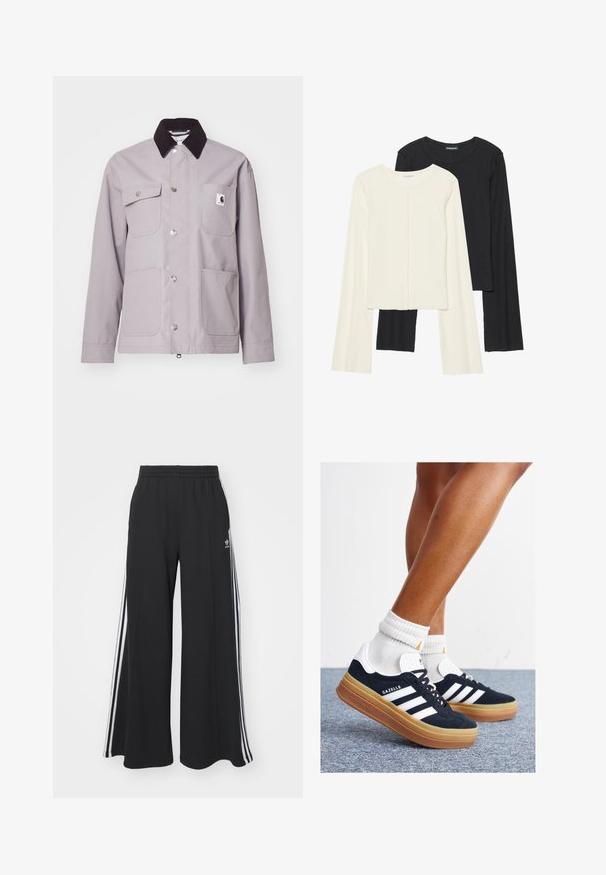 Ljusgrå jacka med svart kordfläskkrage, silverknappar, fyra framfickor och ett logopatch på vänster ficka. Slät textur.; Set med två långärmade toppar i vitt och svart. Ribbade texturer, rund hals, figurnära design med något utställda ärmar.; Svarta vida sweatpants med elastisk midje, med vita sidosträck och en broderad logotyp på vänster lår.; Svarta sneakers i mocka med vita ränder och detaljer, rundad tå, yttersula i gummiblandning, kombinerade med vita ribbade crew-strumpor.