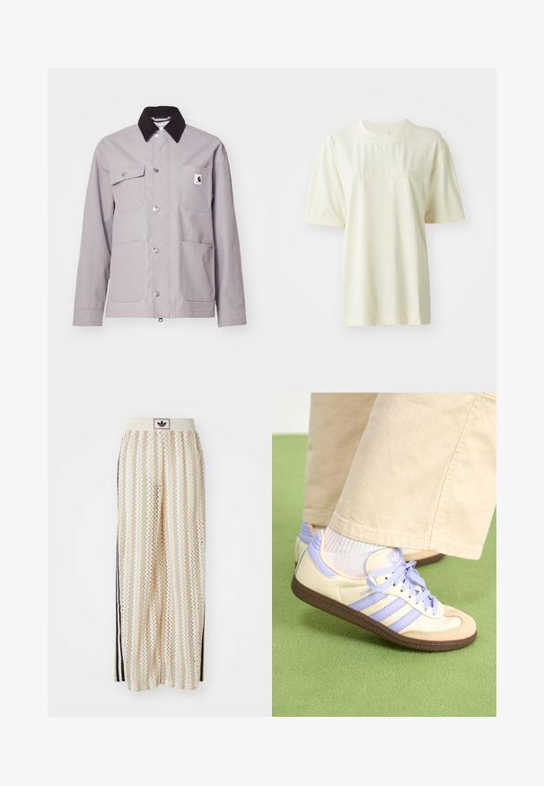 Lys grå jakke med en sort fløjlskrave, sølvknapper, fire forlommer og et logo-patch på venstre lomme. Glat tekstur.; Cremefarvet bomulds T-shirt med rund hals, korte ærmer og præget "adidas" logo på brystet. Glat tekstur og afslappet pasform.; Cremefarvede bukser med vidde, der har et zigzag-mønster, med en sort logoelastik i taljen og sorte striber på siden. Letvægtigt, tekstureret stof.; Creme og lavendel sneakers med tre striber og en tekstureret brun sål, der har snørebånd og en polstret hæl. Blødt stof øvre.