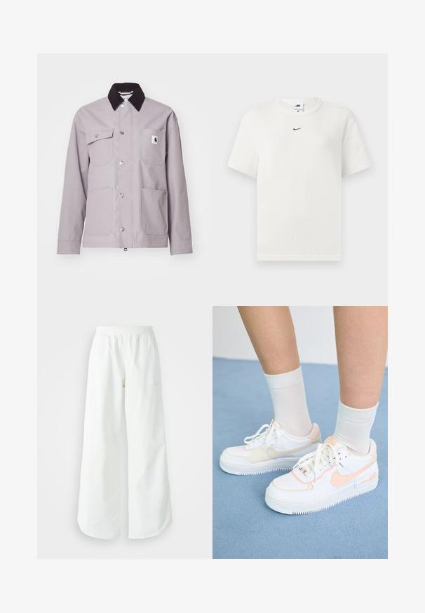 Ljusgrå jacka med svart kordfläskkrage, silverknappar, fyra framfickor och ett logopatch på vänster ficka. Slät textur.; Vit ribbad t-shirt med rund halsringning och korta ärmar. Har en liten svart Nike-logotyp på bröstet. Strukturerad tyg med en figurnära passform.; Vita vida atletiska byxor med breda ben och ribbad midja samt subtil logodetalj. Slät tyg med avslappnad passform och avsmalnande fåll.; Vita sneakers med persikoaccente, slät läderovandel, perforerad tå, texturerad sula och snörning. Bärs med vita ankelsockor på en blå yta.