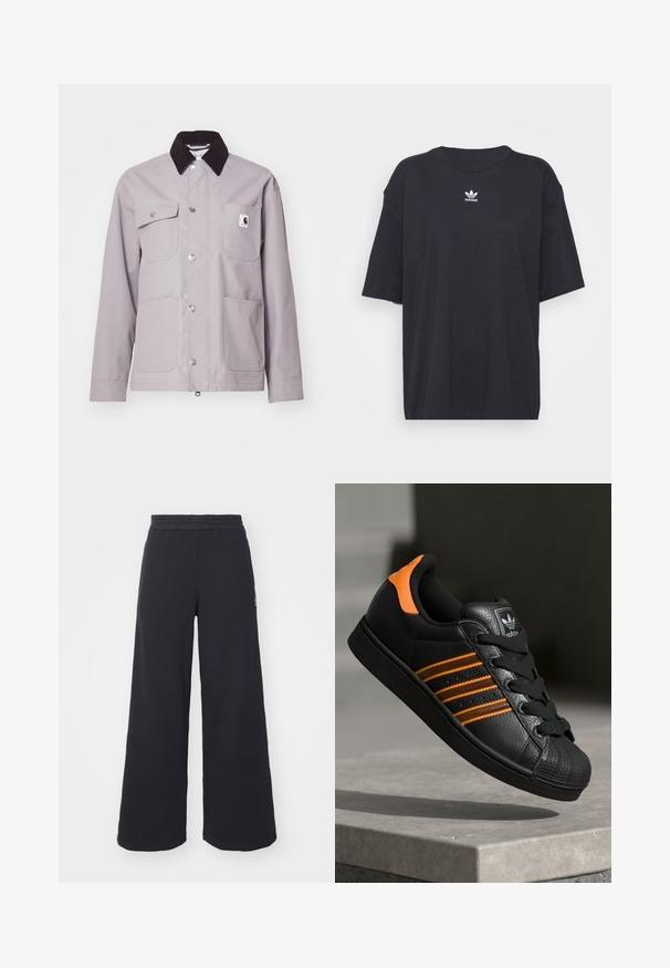 Vaaleanharmaa takki, jossa on musta korduroy-kaulus, hopeiset nipistimet, neljä etutaskua ja logo-patch vasemmassa taskussa. Silkkinen pinta.; Musta puuvillapaita lyhyillä hihoilla, pyöreä pääntie, jossa on valkoinen Adidas-logo rinnassa. Yksinkertainen muotoilu, rento istuvuus.; Mustat leveät collegehousut, jotka on valmistettu pehmeästä kankaasta. Niissä on elastinen vyötärö ja pieni logo vasemmalla puolella.; Musta sneaker oransseilla yksityiskohdilla, kolme vaakasuuntaista raitaa, tekstuuri-nahkapinta, kuminen varvaskansi ja mustat nauhat.